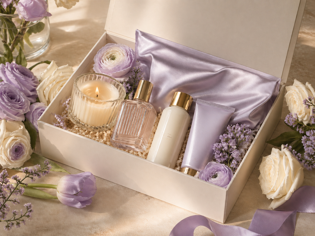 A styled flat lay featuring: an open, white gift box, silk lavender ribbon, a candle, fragrance bottle, a folded silk pillowcase, fresh flowers, and hand lotion in warm natural light