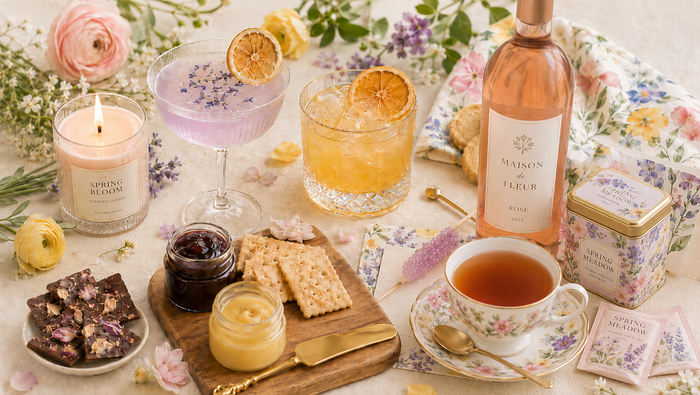 Spring collection with charcuterie board, cocktails, mocktails, wine, tea, jam, butter, chocolates, biscuits, and rock candy stir stick.