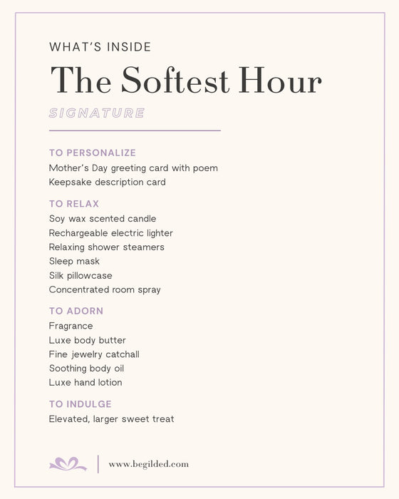 Product list for 'The Softest Hour' package with various items included.
