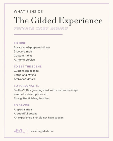 Promotional text for 'The Gilded Experience' private chef dining service on a white background.