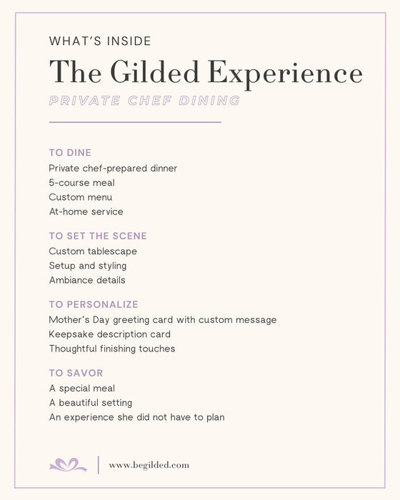 Promotional text for 'The Gilded Experience' private chef dining service on a white background.