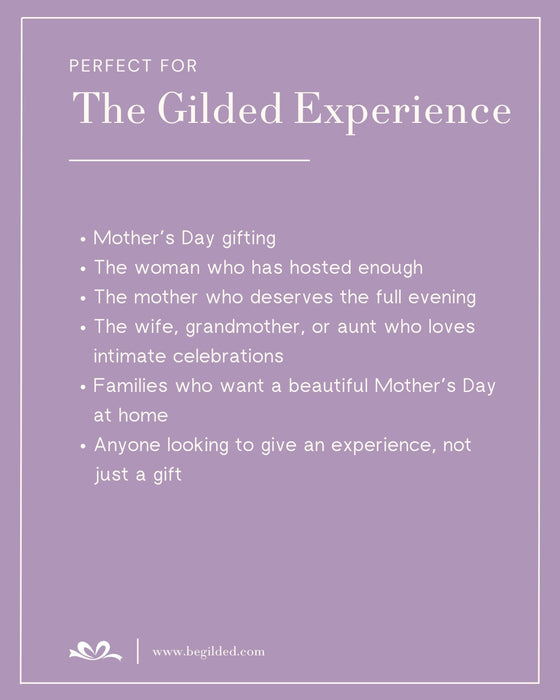 Promotional text for 'The Gilded Experience' on a purple background