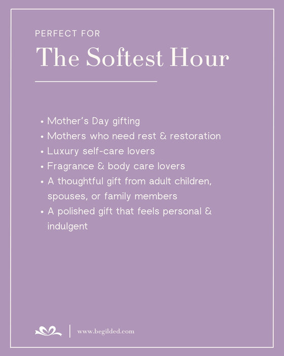 Promotional text for a product or service on a purple background with 'The Softest Hour' branding.
