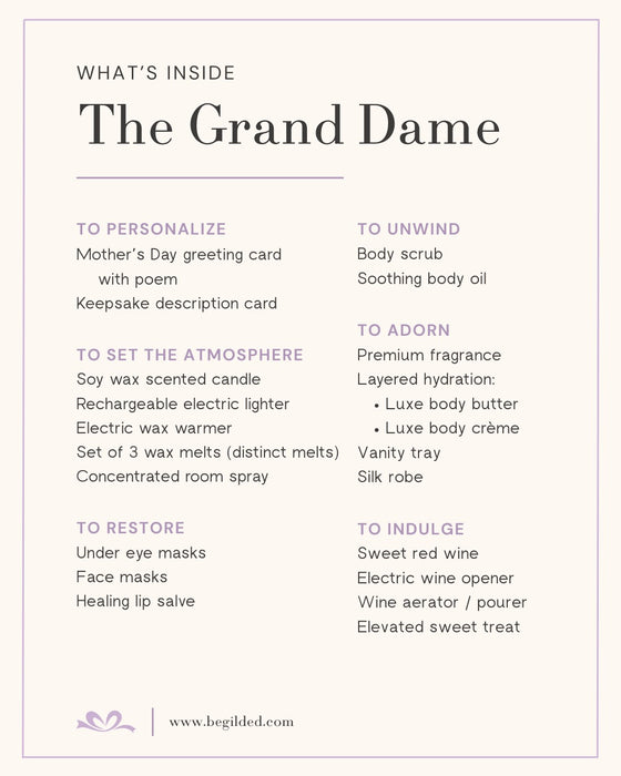 Product list for 'The Grand Dame' package with various items included.