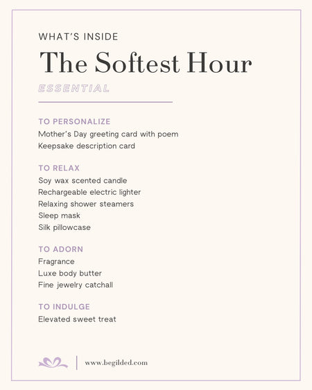 Product description card for 'The Softest Hour' essential collection with items listed.