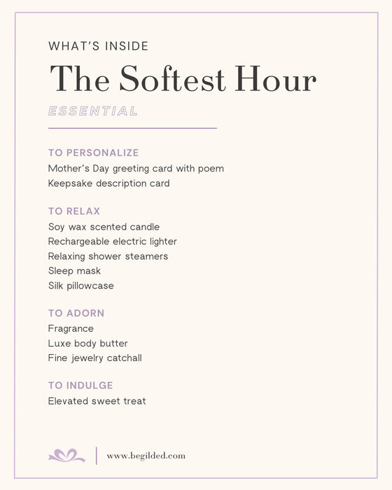 Product description card for 'The Softest Hour' essential collection with items listed.