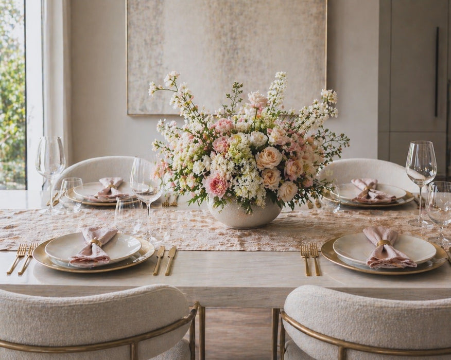 Elegant dining table setting with floral centerpiece and place settings.