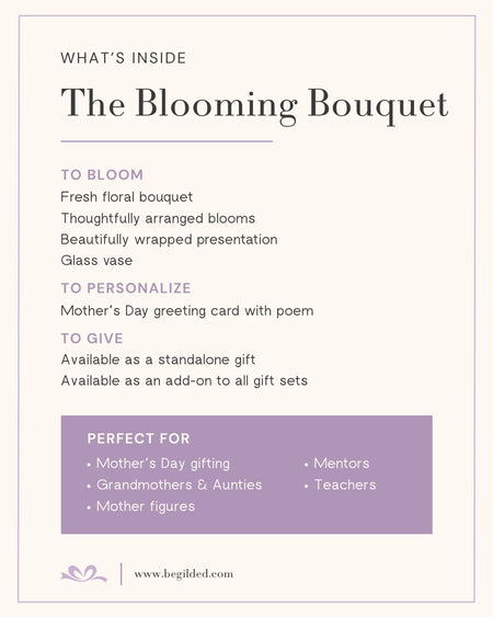 Promotional text for 'The Blooming Bouquet' with details on what's included and who it's suitable for.