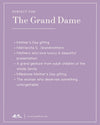Promotional text for 'The Grand Dame' on a purple background with a website URL at the bottom.