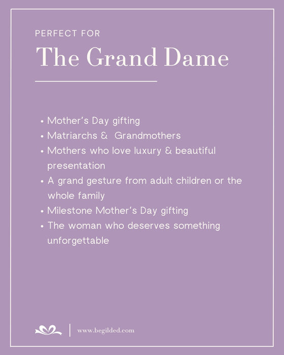 Promotional text for 'The Grand Dame' on a purple background with a website URL at the bottom.