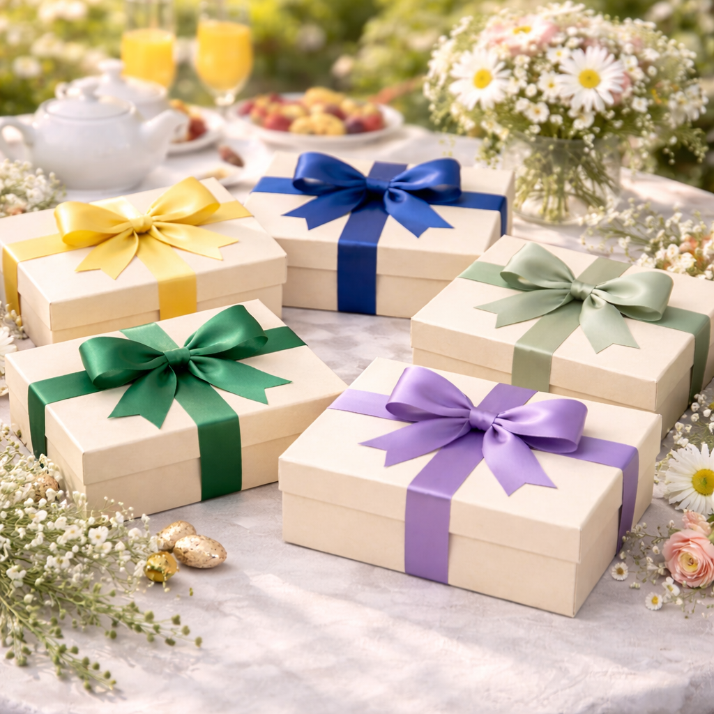 Gift boxes with colorful ribbons on a table with flowers and fruit in the background