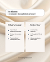 Product packaging with text 'In Bloom' and details about a romantic gift set on a satin background.