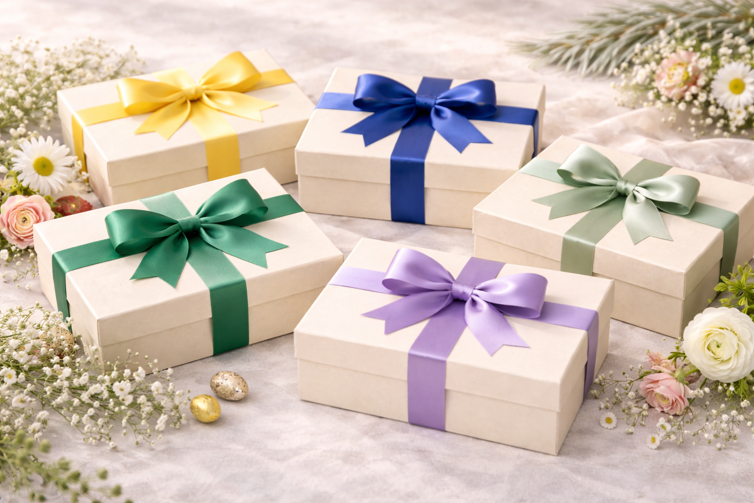 Four gift boxes with colorful ribbons on a decorative surface with flowers.