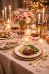 Dining table set for a meal with plates of food, candles, and a floral centerpiece.