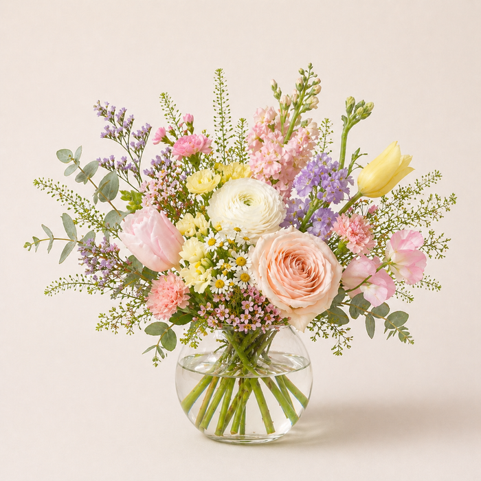 Bouquet of flowers in a clear vase on a light background