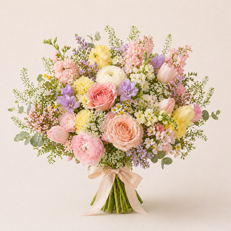 Bouquet of pastel flowers with a pink ribbon on a light background