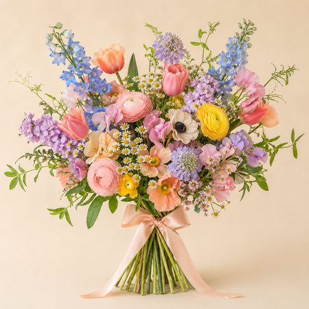 Bouquet of colorful flowers with a pink ribbon on a beige background