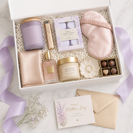 Gifting box with self-care items including candles, soap, and a card on a light background