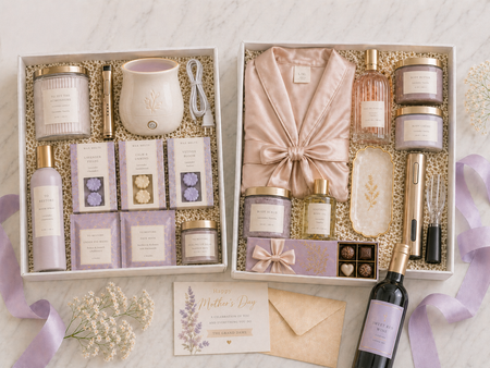 Gifting set with candles, robe, and wine on a textured surface.