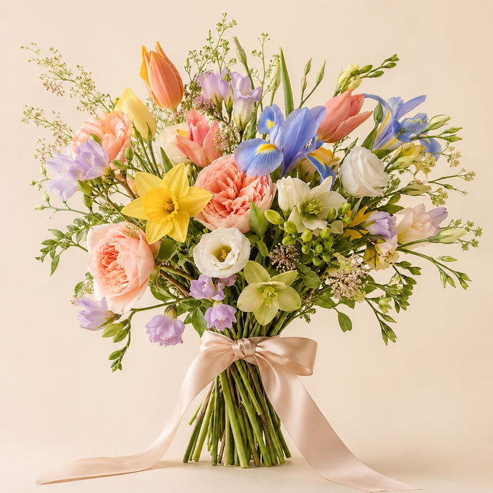Bouquet of colorful flowers with a pink ribbon on a light background
