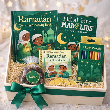 Children’s Eid al-Fitr gift box with  Ramadan-themed books, coloring book, and colored pencils, dates, and chocolate – Little Celebration