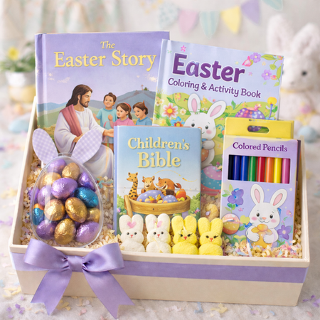 Children’s Easter gift box with faith-based keepsakes, books, colored pencils, and candy – Little Light