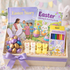 Easter gift basket with books, candies, and coloring pencils on a light background