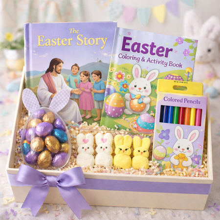 Easter gift basket with books, candies, and coloring pencils on a light background