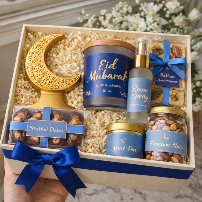 Festive Eid gift box with candle, room spray, tea, dates, and nuts – Sweet Celebration