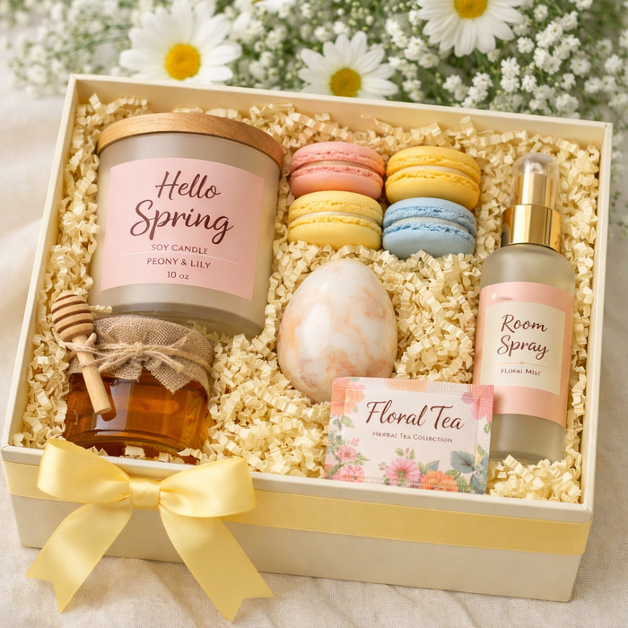 Luxury spring gift box with candle, room spray, tea, honey, and macarons – The Spring Edit