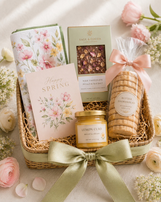 Gift basket with candles, cookies, and a card on a light background