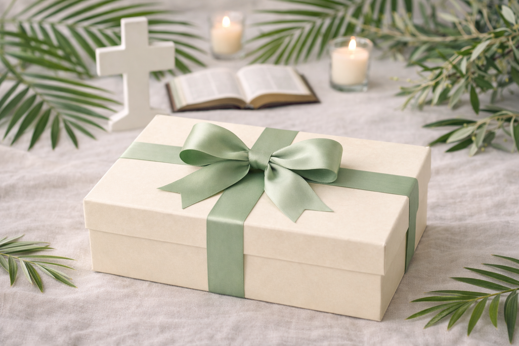 Gift box with a green ribbon on a table with candles and a cross