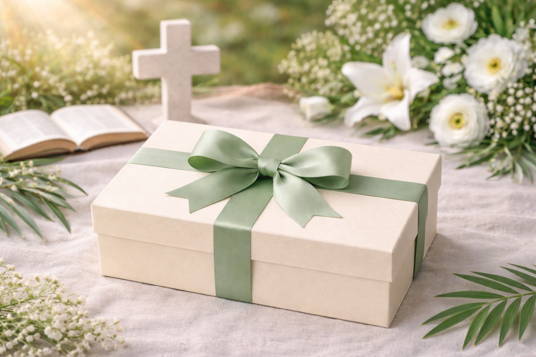 Gift box with a green ribbon on a table with flowers and a cross in the background