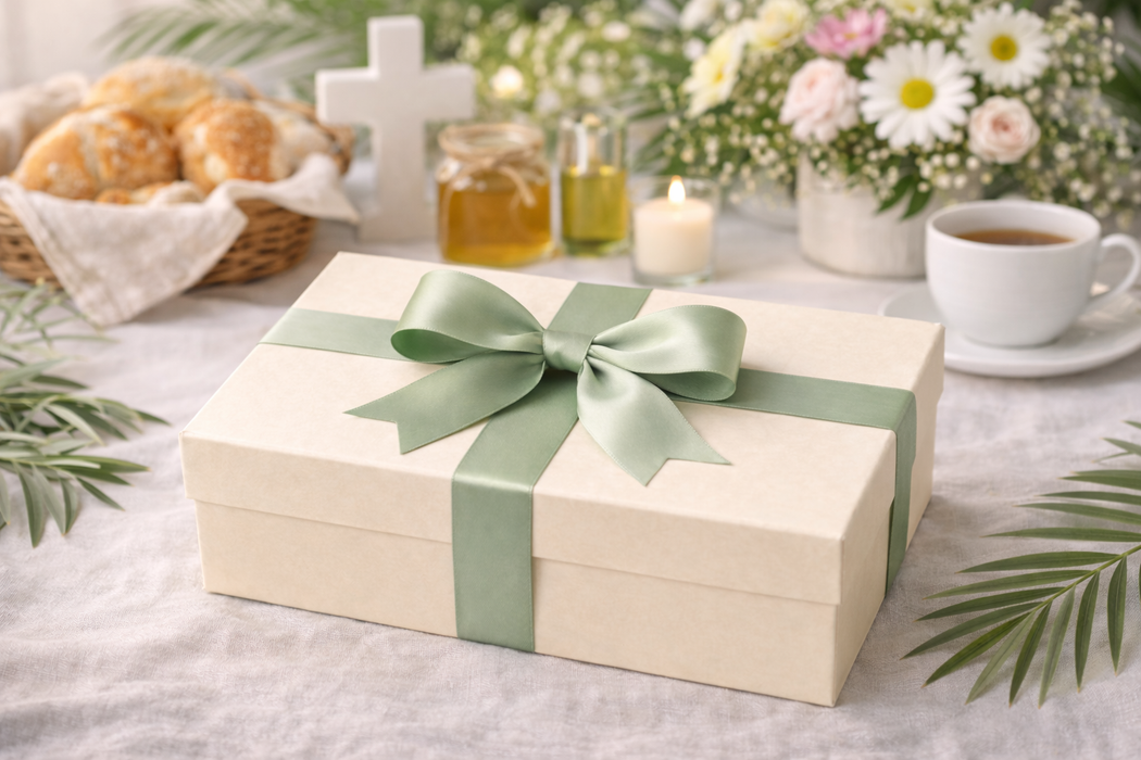Gift box with a green ribbon on a table with a cup of tea, bread, and flowers.