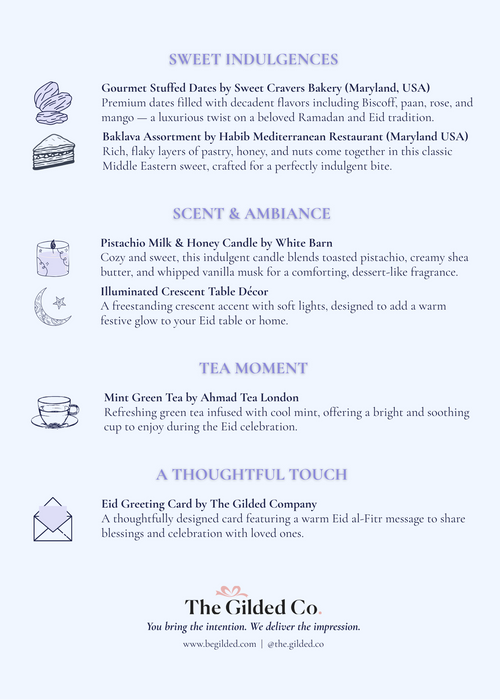 Information flyer for 'Sweet Celebration' with Sweet Indulgences, Scent & Ambiance, Tea Moment, and A Thoughtful Touch from The Gilded Co.