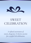 Information flyer for 'Sweet Celebration' with a decorative bow on a light blue background.