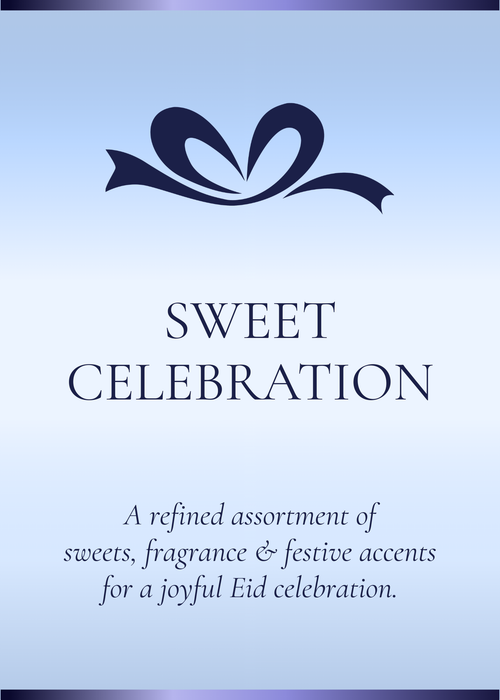 Information flyer for 'Sweet Celebration' with a decorative bow on a light blue background.