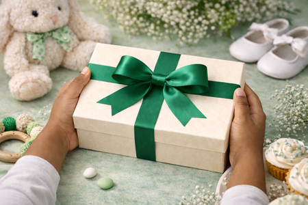 Gift box with green ribbon held by hands, surrounded by baby items on a light surface.