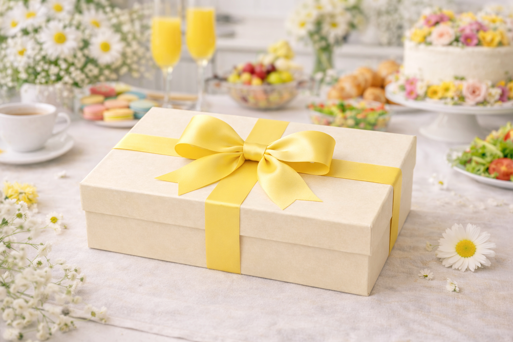 Beige gift box with a yellow ribbon on a table with flowers and fruit in the background