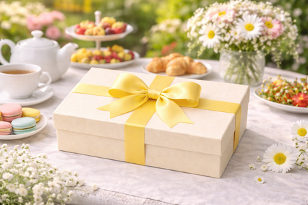 Gift box with a yellow ribbon on a table with tea and pastries
