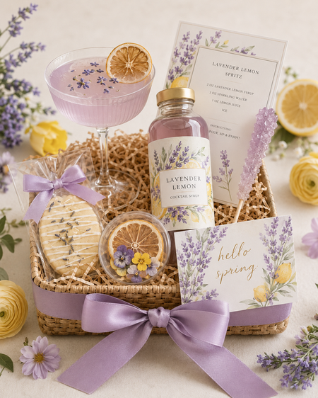 Gift basket with lavender lemon spritz, cookies, and cards on a decorative background.