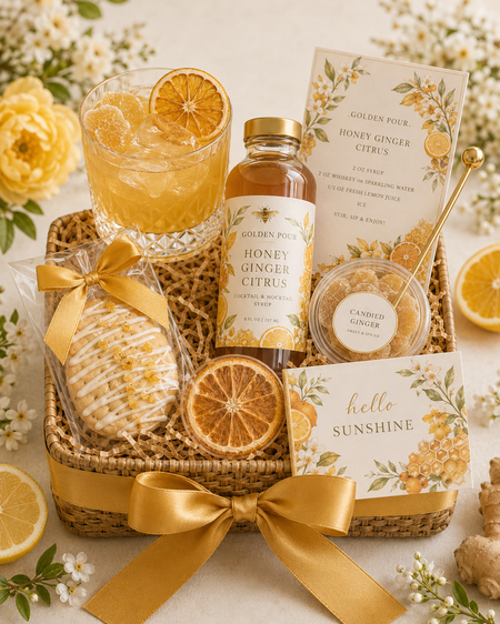 Gift basket with honey, ginger, and citrus items on a floral background