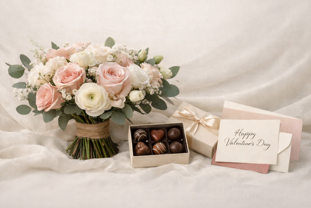 Bouquet of flowers, chocolates, and a card on a white fabric background