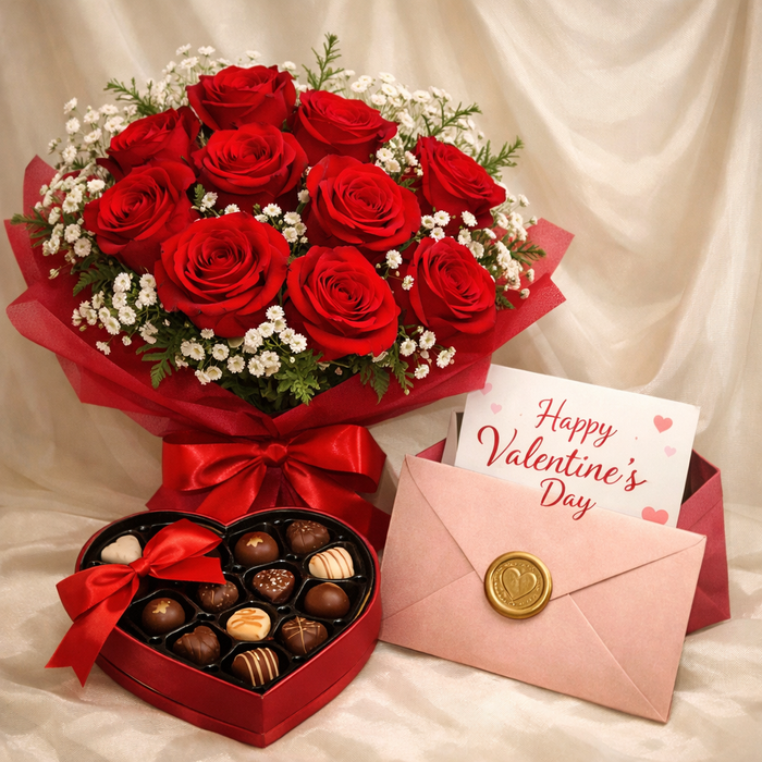 Bouquet of red roses with a heart-shaped box of chocolates and a Valentine's Day card on a beige background.