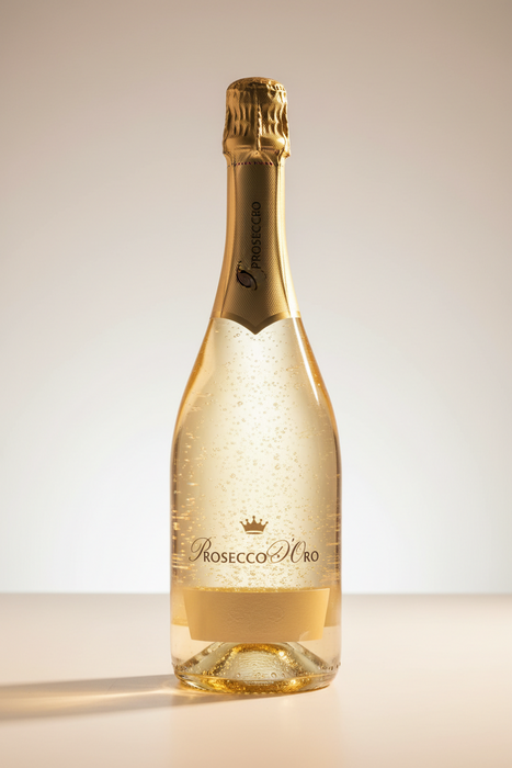 Prosecco bottle with gold cap and label on a light background