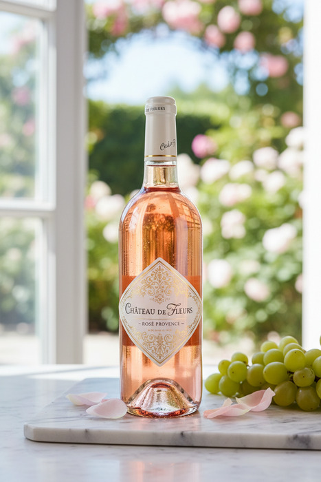 Bottle of Château de Fleurs Rosé Provençal wine on a table with grapes and flowers in the background.