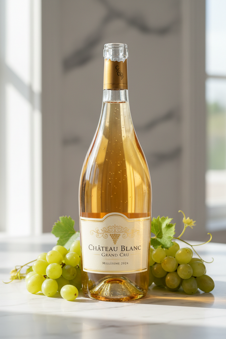 Bottle of Chateau Blanc Grand Cru wine with grapes on a marble surface