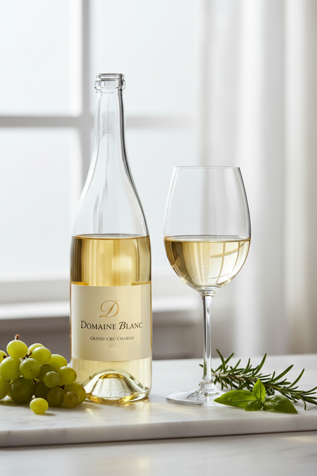 Bottle and glass of Domaine Blanc white wine with grapes and rosemary on a marble surface.